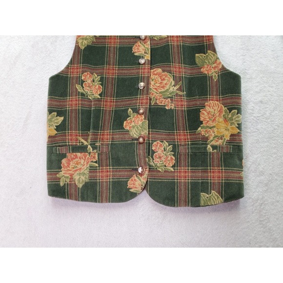 Liz Sport Vest Womens Petite Small Multi Plaid Velour Pocket V Neck Button Front - Picture 4 of 6